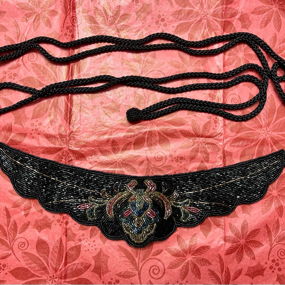 Embroidered Black Belt with Multicolor Beaded Detailing